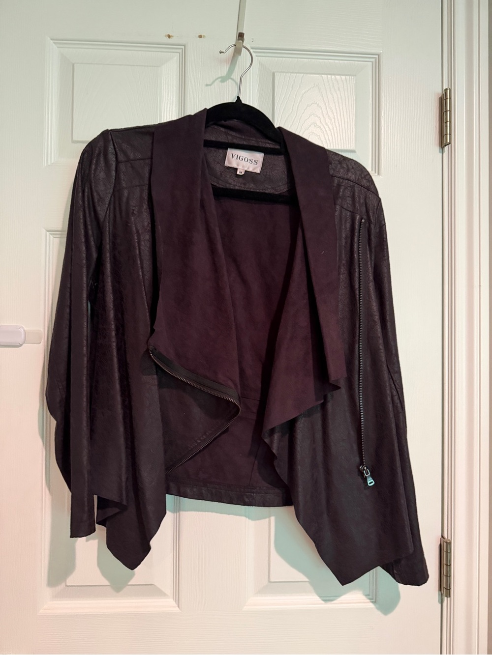 Vigoss Women's Black Faux-Leather Draped Open Front Jacket